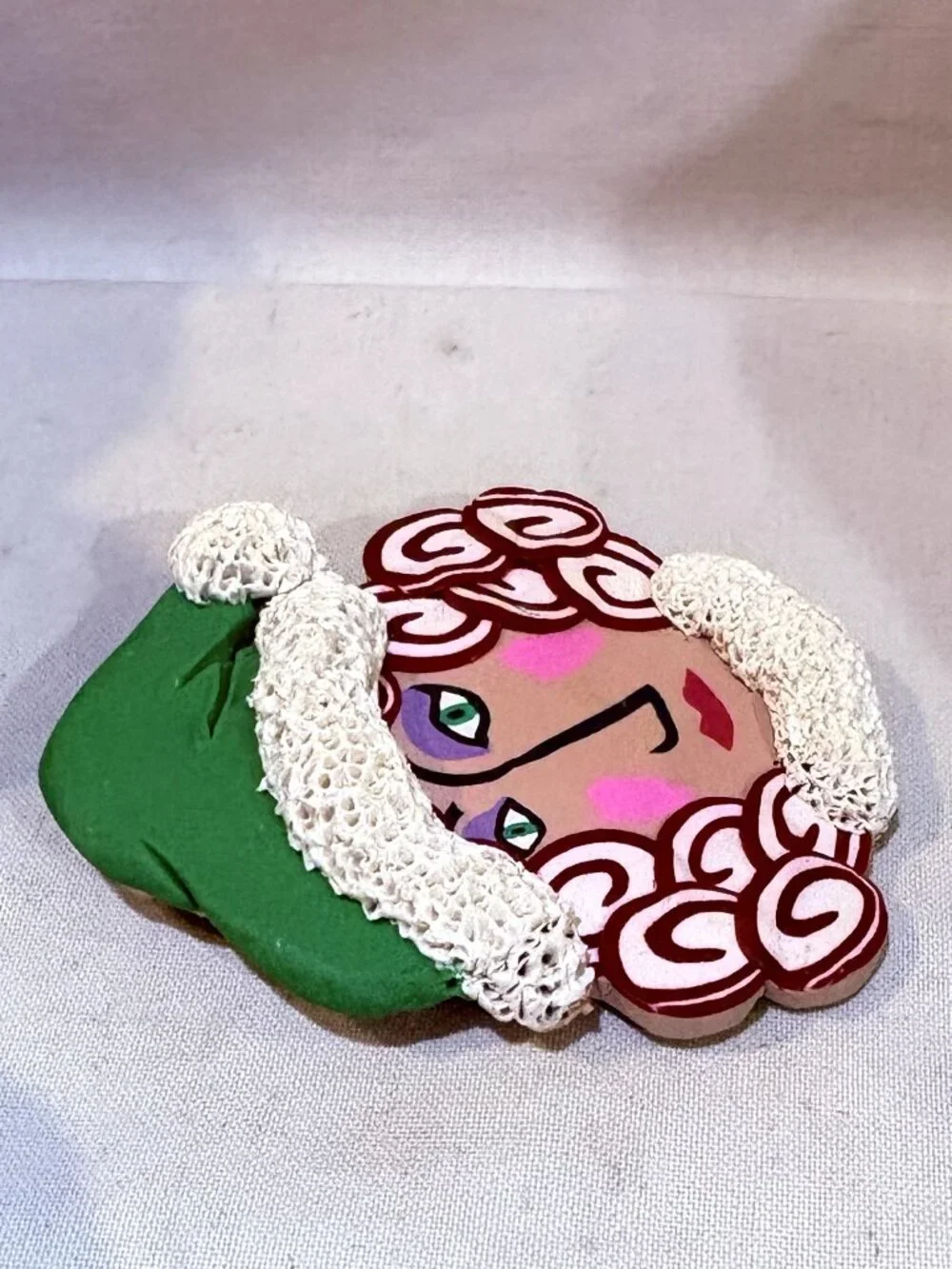 Hand Made Hand Painted Christmas Holiday Pin Brooch Lady in Christmas Hat